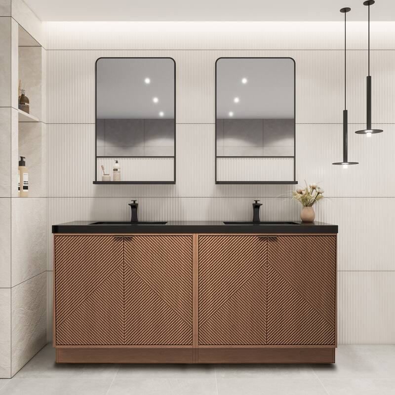 Milano 72" Freestanding Bathroom Vanity with Double Black Acrylic Sink - 70.86" x 19.49" x 35.46'' - Brown