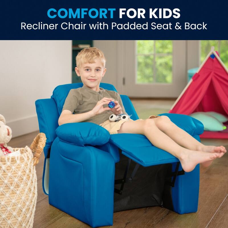 Deluxe Padded Contemporary Kids Recliner with Storage Arms