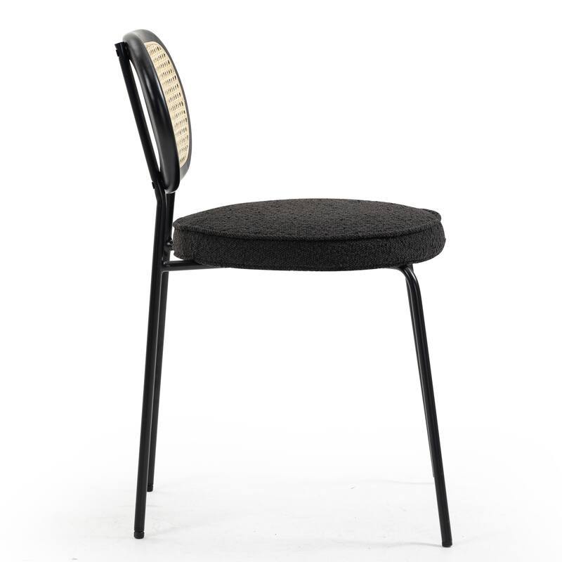 Set of 2 Azem Black Boucle Dining Chair with Rattan Backrest and Chrome Legs