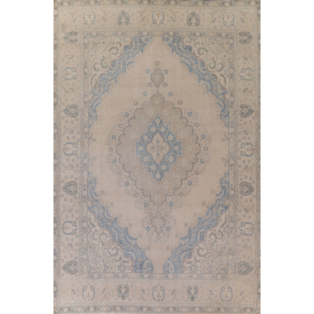 Hand Knotted Oriental 100% Wool Carpet Traditional Medallion Beige & Ivories Tabriz Area Rug - 12' 10'' X 9' 6''