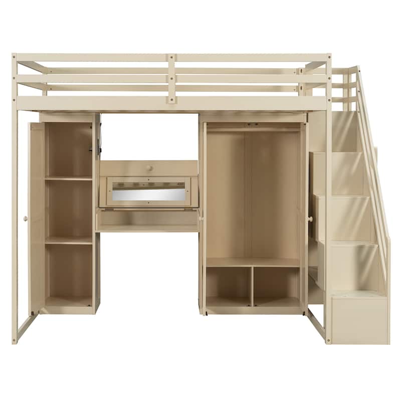 Full Size Loft Bed with Storage Staircase, Built-In Dressing Table, USB Ports & Lights by Harper&Bright Designs