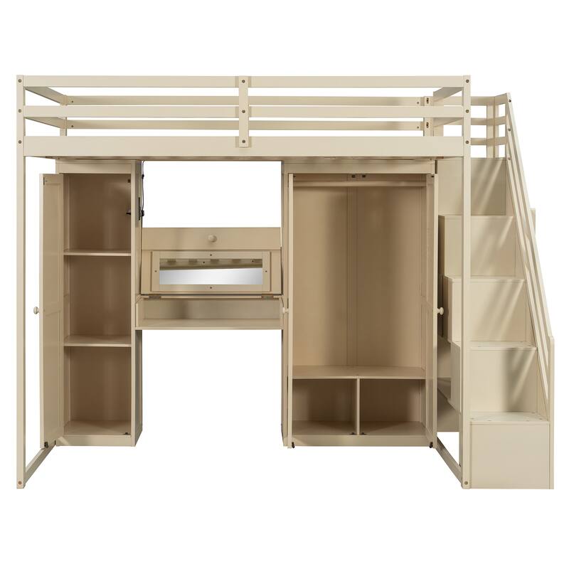 Full Size Loft Bed with Storage Staircase, Built-in Dressing Table, Mirror & Wardrobe - USB Charging & Lights