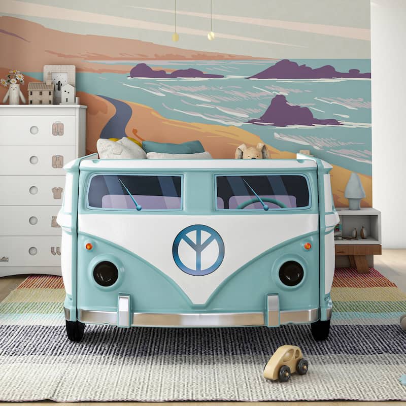 Furniture of America Bobby Novelty Twin Peace Bus Kid Platform Bed with LED Headlights and Sound Functions