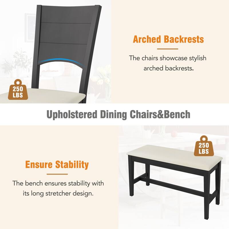 Traditional 6-Piece Wooden Dining Table Set with 4 Upholstered Chairs and Bench