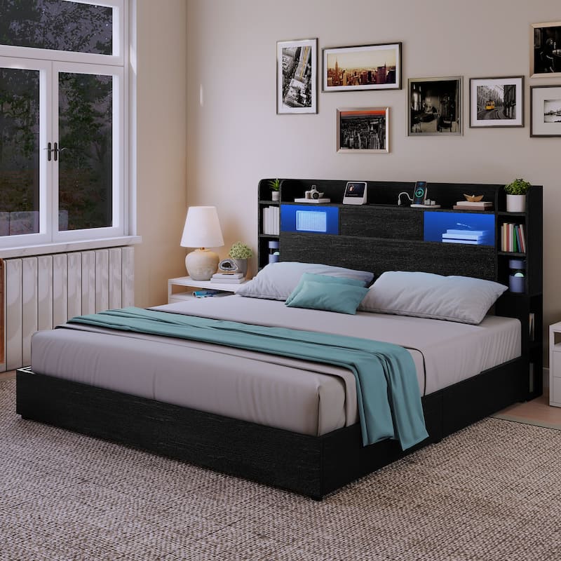 Queen/King Size LED Bed Frame with Bookcase Headboard, 4 Storage Drawers and Charging Station