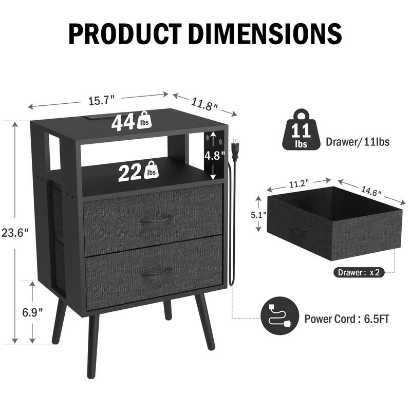 2-Pack Modern Nightstand Set with Charging Station & LED Light - Fabric Drawers