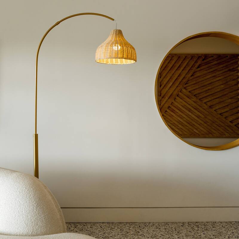 Brightech Lark 75 in. Antique Brass Mid-Century Modern LED Super Bright Floor Lamp with Beige Bamboo Empire Shade