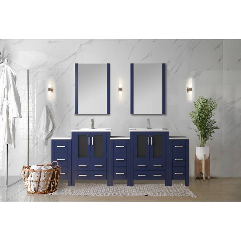 Lexora Volez 84 Inch Bathroom Vanity Cabinet in Navy Blue with Top and Mirror