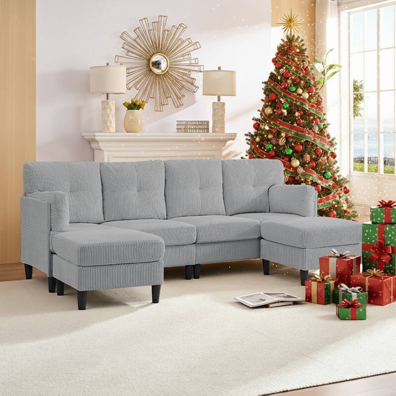 Mixoy Corduroy U-Shape Modular Convertible Sectional Sofa,Upholstered 4-Seater Sofa Couch with Movable Ottoman - U-Shape Sofa - Light Grey