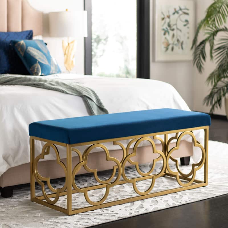 SAFAVIEH Penelope Moroccan Glam Rectangle Bench - 44.5" x 16.5" x 19" - 45Wx17Dx19H - Grey Velvet/Gold