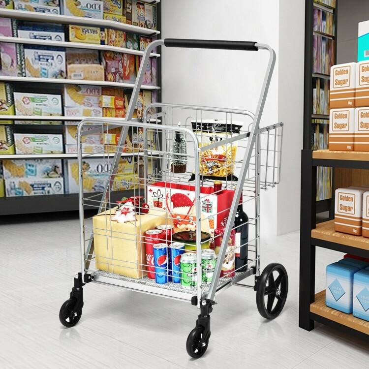 Multi-Purpose Foldable Grocery Cart with 360 Degree Front Wheels and Large Basket and Back Storage - 25" x 25" x 40"(L x W x H)