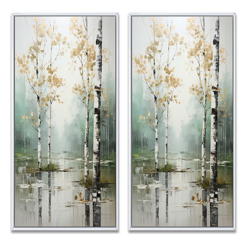 Designart "Birch Woods Ethereal Elegance" Tree Birch Framed Wall Art Set Of 2 - Blue Wall Art Set Of 2