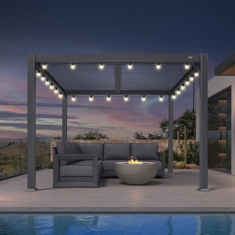 PURPLE LEAF Grey Louvered Sun Shade Pergola - Adjustable Metal Roof for Patio Hardtop Pergola - 10' x 10' - Grey(With Light)