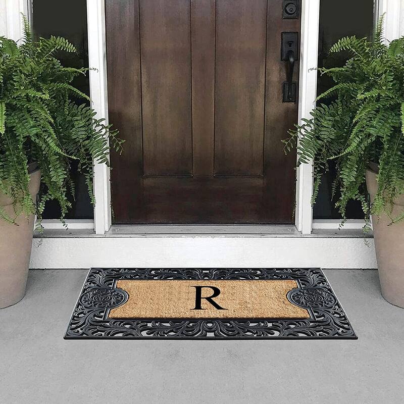 A1HC Floral Border Rubber and Coir Large Outdoor Durable Monogrammed Doormat, Black - 23" X 38"