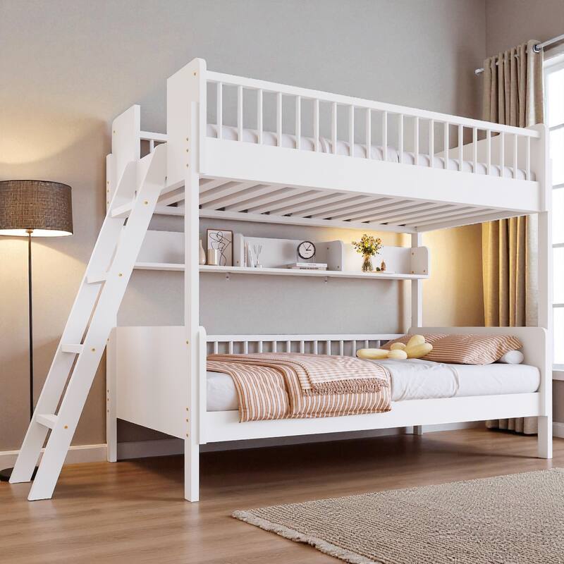 Twin over Twin Wooden Bunk Bed with 3 Storage Shelves, Reversible Ladder, Safety Guardrails and No Box Spring Needed
