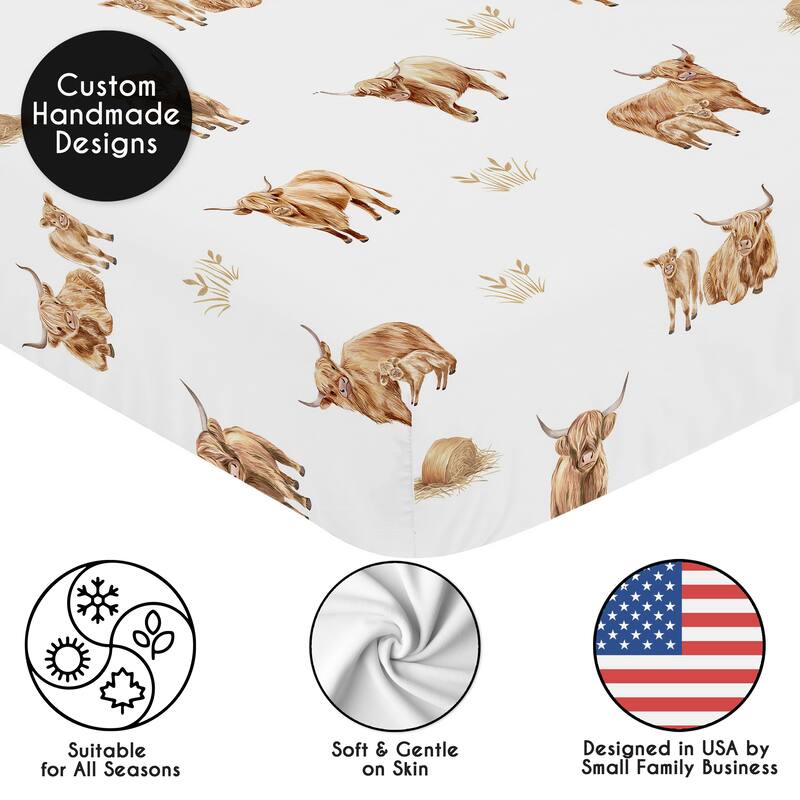 Sweet Jojo Designs Boho Highland Cow Boy, Girl, Gender Neutral 2 Pack Fitted Crib Sheets - Taupe Plaid & Farm Animal, Farmhouse