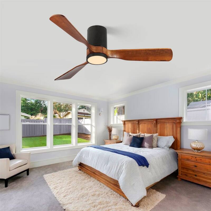 42" LED Flush Mount Ceiling Fan with Wood Blades, 6-Speed DC Remote Control