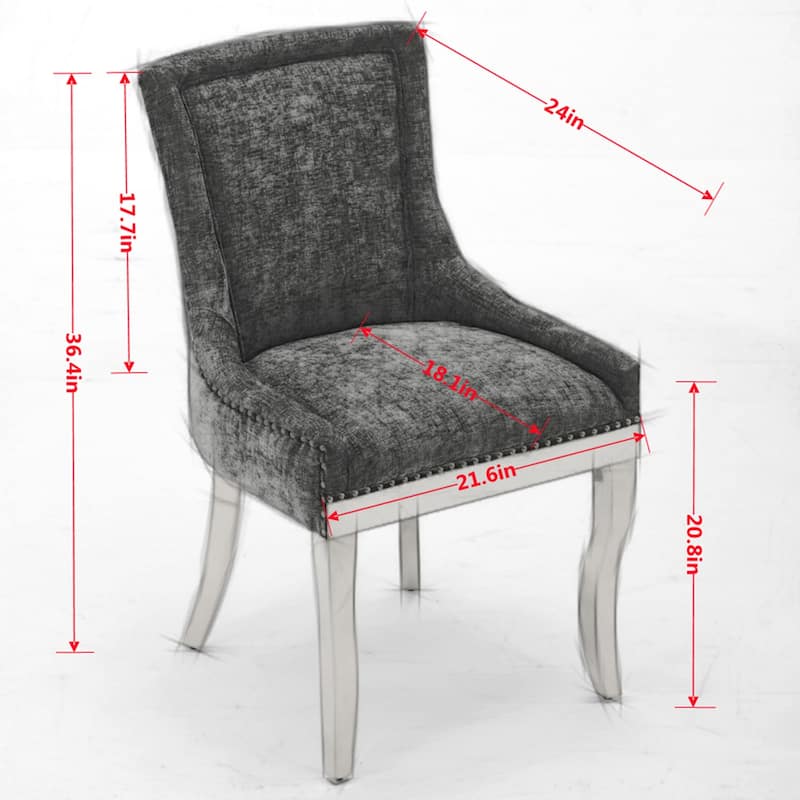 Chenille Dining Chairs, Modern Style with Curved Gold - Plated Legs & Rivet Trim, Black,Set of 2