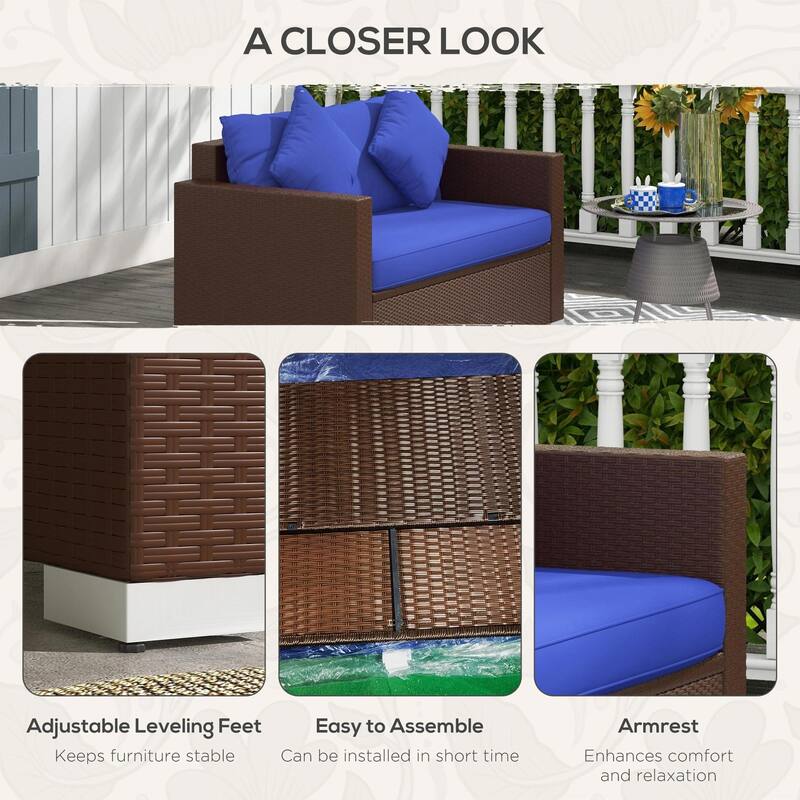 PE Rattan Outdoor Loveseat with Cushions and 2 Throw Pillows