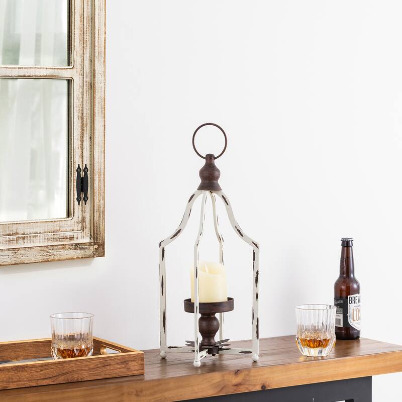 Glitzhome 16.50"H Modern Farmhouse Small Antique White Metal Lantern Candle Holder