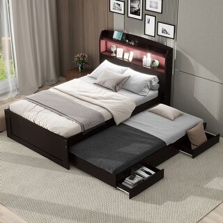 Twin XL Platform Bed with Storage LED Headboard, Charging Station, Trundle & 2 Drawers, Sturdy Pine Wood Frame, Dark Brown