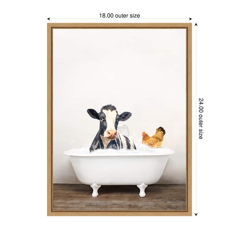 Kate and Laurel Sylvie Cow and Chicken in Rustic Bathtub Framed Canvas by Amy Peterson