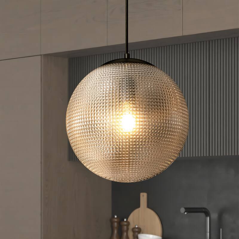 1-Light Modern Indoor Matte Black Finish Kitchen Island Pendant Lights with Globe Diamond Textured Grey/Clear Glass Shade