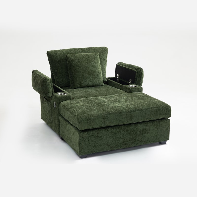 Oversized Chenille Sofa Chair with Ottoman Sleeper Sofa with Cupholders/USB Charging Ports
