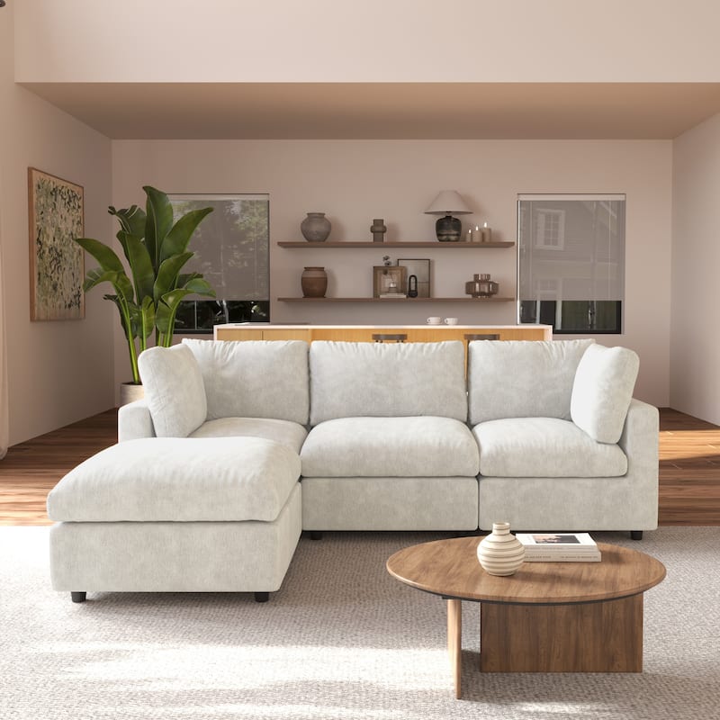 L-shaped Cloud Modular Sectional Sofa Couches with Ottoman for Living Room Down Filled Comfort Minimalist Sectional Couch - Beige-3 seats+ottoman