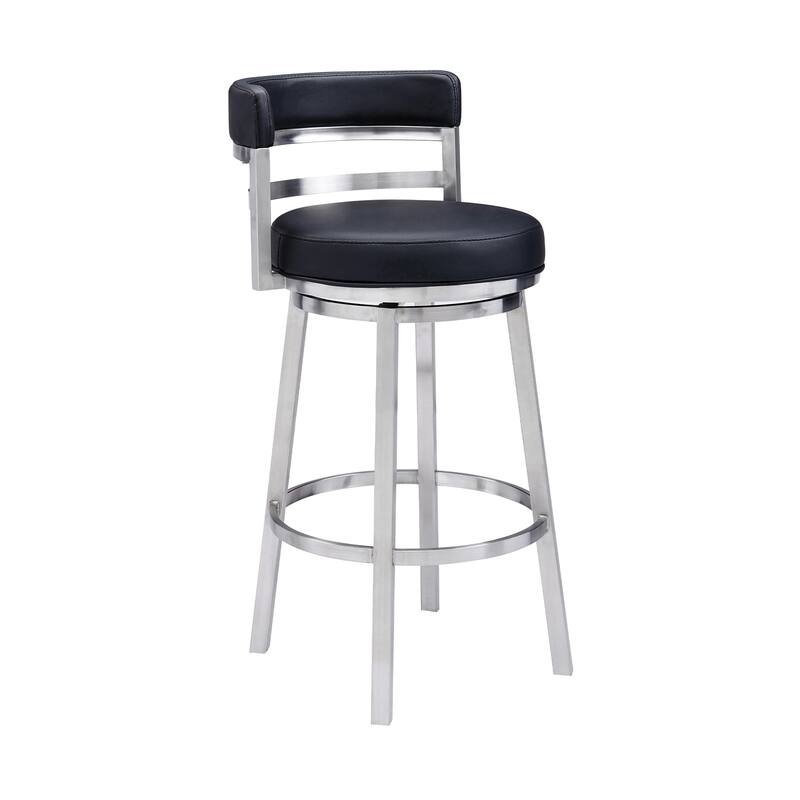 30 Inch Bar Height Stool with Renaissance Inspired Style, Brushed Steel Frame and Faux Leather Upholstered Seat