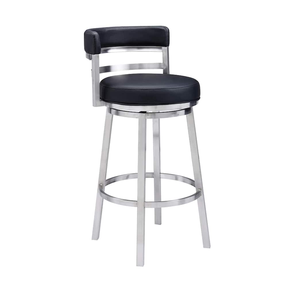 30 Inch Bar Height Stool with Renaissance Inspired Style, Brushed Steel Frame and Faux Leather Upholstered Seat