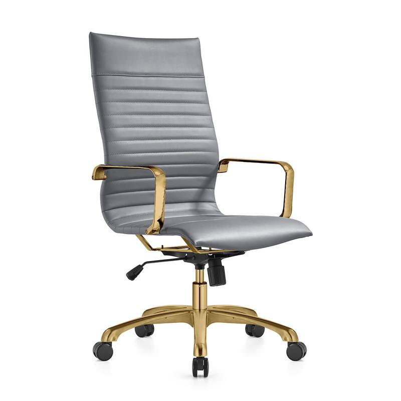 Harris High-Back Leather Office Chair in Brushed Gold Frame Adjustable Height Tilt Computer Task Chair with 360-Degree Swivel - Grey