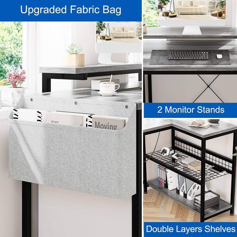 L Shaped Computer Desk with Power Outlets & LED Light, 49.6" Reversible Corner Computer Desk