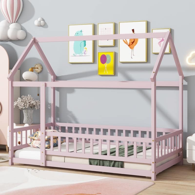 Twin Size Wooden House Floor Bed with Roof, Safety Guardrails