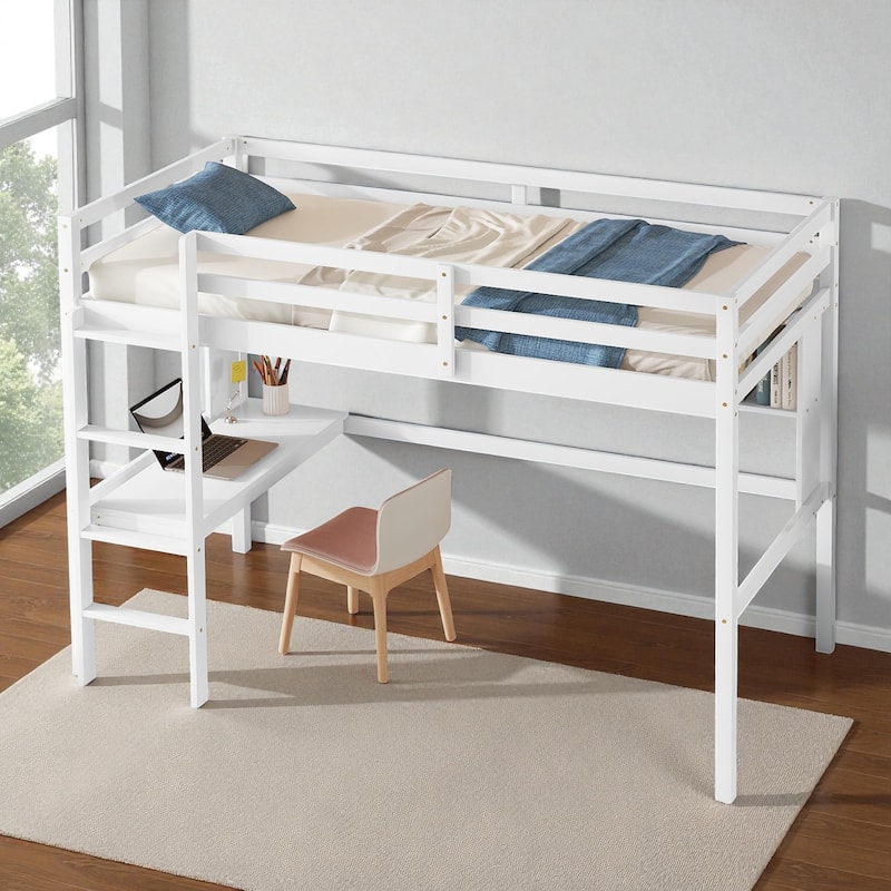 Twin Size Loft Bed with Desk and Shelves, Solid Pine Wood Frame with Guardrails and Built-in Ladder