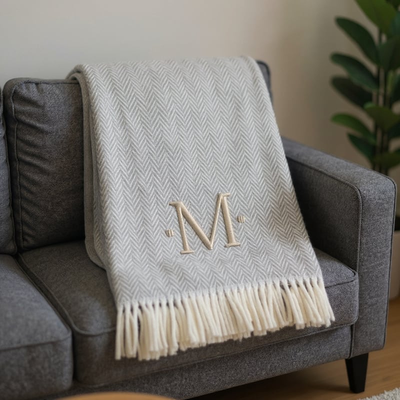 HomeRoots 55" X 70" Gray And White Herringbone Cotton Blend M Initial Throw Blanket with Tassels And Embroidery - Throw - White/Gray