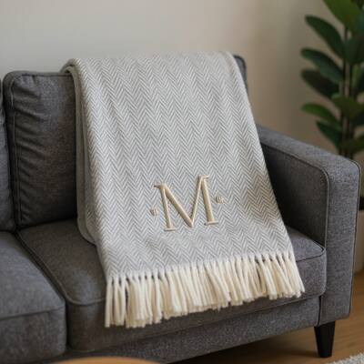 HomeRoots 55" X 70" Gray And White Herringbone Cotton Blend M Initial Throw Blanket with Tassels And Embroidery
