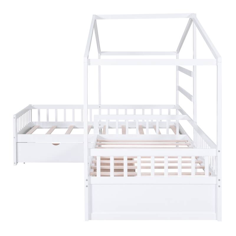Roomfitters Twin House Platform Bed with Roof-Inspired Frame and Three Underbed Compartments