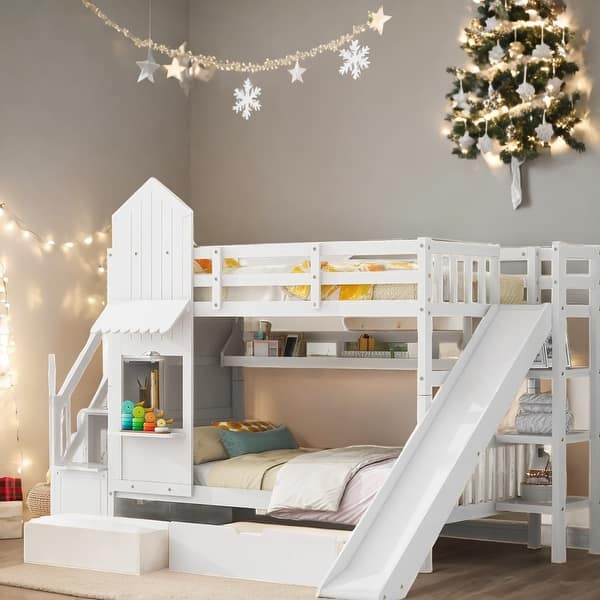 slide 2 of 12, Twin-Over-Twin Castle Style Bunk Bed with 2 Drawers 3 Shelves and Slide White