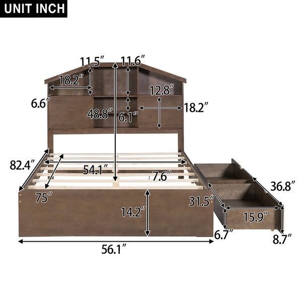 dimension image slide 1 of 2, Full Size Wood Platform Bed with House-Shaped Storage Headboard and 2 Drawers, Walnut Finish