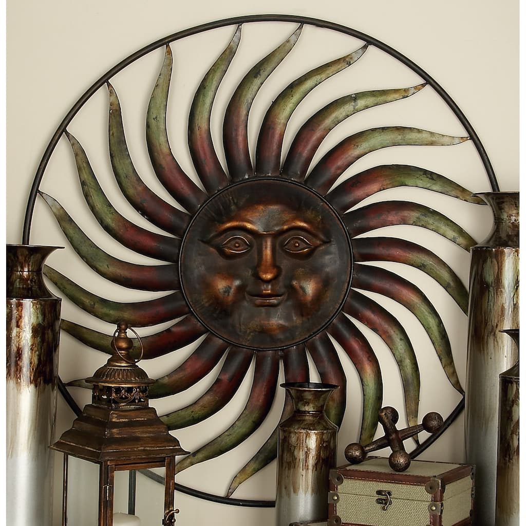 Copper Metal Indoor Outdoor Weathered Sun Home Wall Decor with Green Accents
