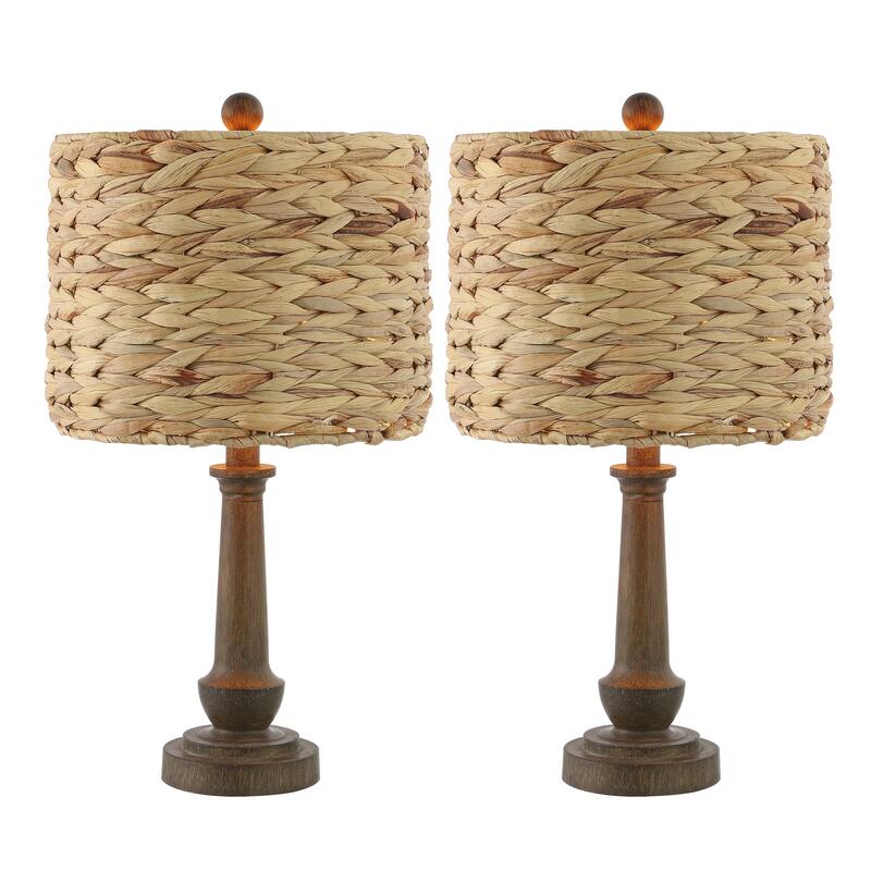Reese 21.25" Rustic Farmhouse Handwoven Rattan/Resin LED Table Lamp, Brown Wood Finish (Set of 2) by JONATHAN Y - 21.25" - Brown Wood Finish