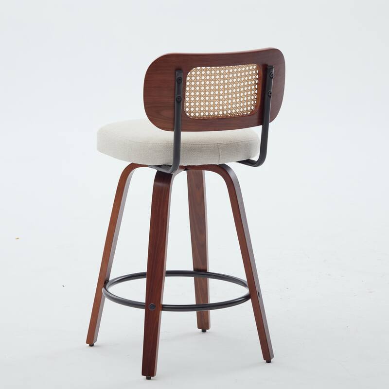 Set of 3, 26-Inch Counter Height Bar Stools - Cane Rattan Back, Linen Upholstered Seat, Swivel Design for Kitchen