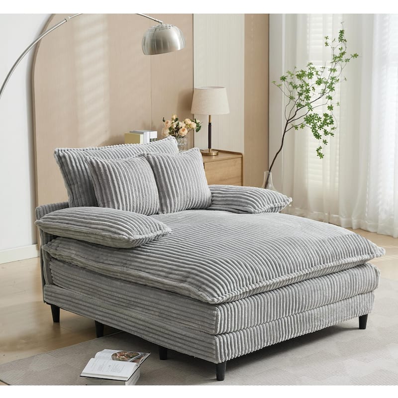 Reclining Sleeper Sofa Bed Single Chaise Lounge Corduroy Upholstered Lounge Couch Chair with Adjustable Backrest and Pillows