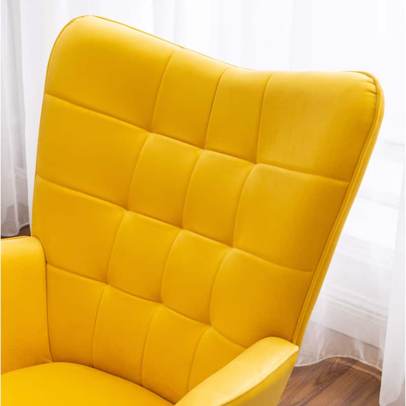 Leisure Chair Ottoman Set Office Chair, Stylish Velvet Upholstered Reception Chair Vanity Chair with Wooden Frame, Yellow