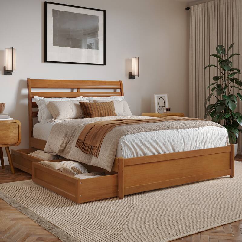 Emelie Platform Bed with Panel Footboard and Storage Drawers - Light Toffee - Full