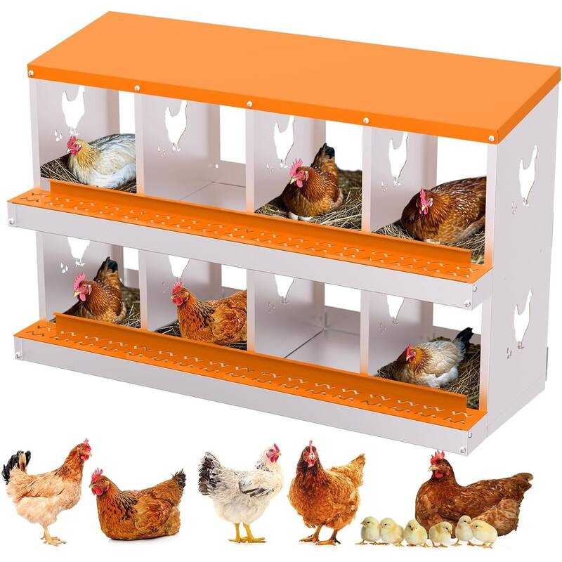 8 Compartment Metal Chicken Nesting Box, Laying Box for Hens Ducks Rabbits, Orange - Orange without Legs