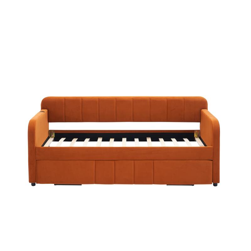 Twin Daybed with Trundle, Upholstered Velvet Frame, Space Saving Daybed Bed for Guest Room
