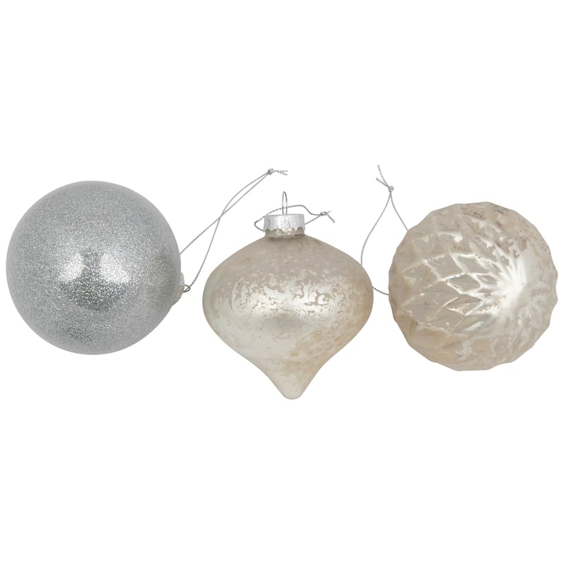 12ct Champagne Silver Mercury Glass Style Glass Ornament Set 3"