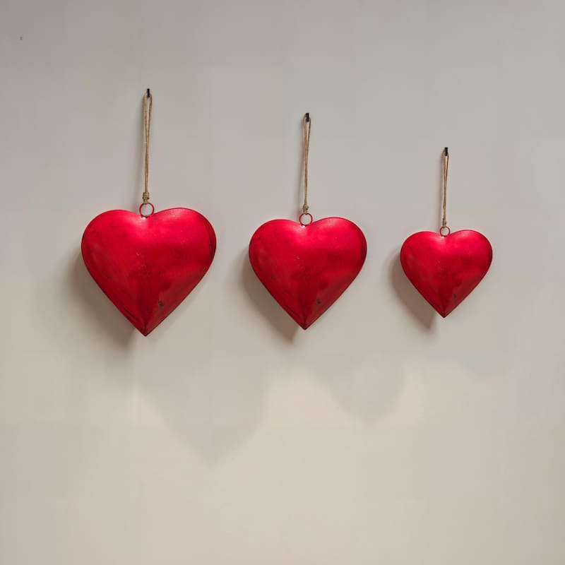 Myri Decorative Metal Heart Wall Decor Set of 3, Classic Red with Jute Hanging Rope, 12, 9.5, 7 Inches